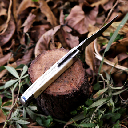 BE BREAK EDGE Handmade Damascus Steel Russlock Folding Knife with Yellow Striped Handle and Leather Sheath