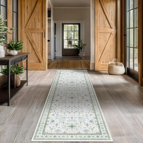 Hazo Haus Oushak 3x10 Wide Hallway Runner Rug - Vintage Turkish Floral Design | Washable Low Pile, Non-Slip - Light Blue & Green