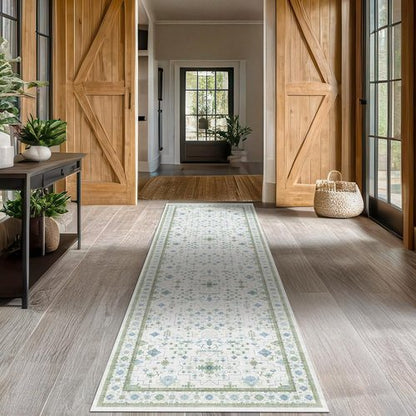 Hazo Haus Oushak 3x10 Wide Hallway Runner Rug - Vintage Turkish Floral Design | Washable Low Pile, Non-Slip - Light Blue & Green