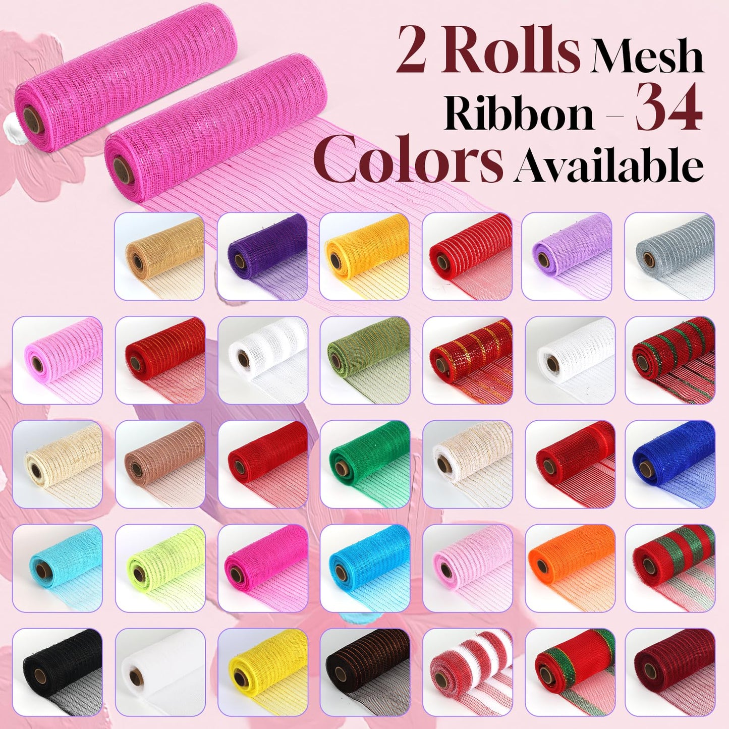ICOSHOW 2 Rolls Mesh Ribbon for Wreaths 10 Inch x 30 Foot Wreath Mesh Rolls with Metallic Foil for Easter Christmas Party Wedding Home Decor DIY Craft Projects and Gift Wrapping (Pink)