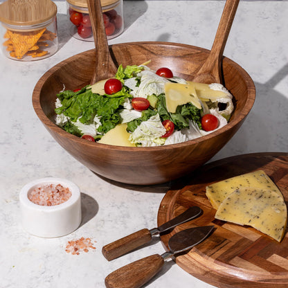 Beautiful Salad Bowl 12x12x4.75" Wood Bowl with Herringbone Inlay Lid, Salad Servers, and Cheese Knives Salad Bowls with Lids Wooden salad bowl with serving utensils |Designed in USA Handmade in India