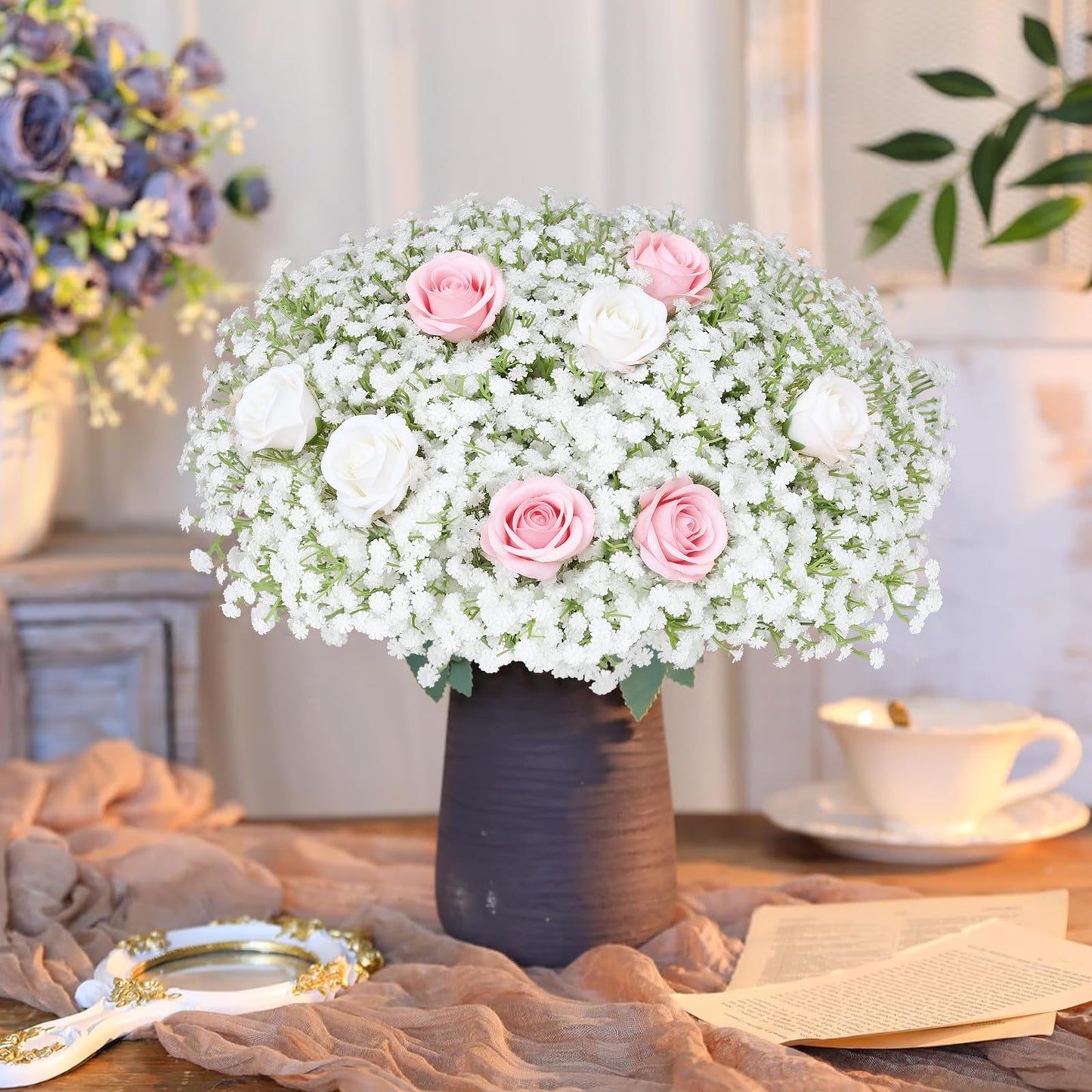 Suaycy 30 Pcs Babys Breath Artificial Flowers, 17.7" Real Touch White Gypsophila Bouquet, Fake Baby Breath Bulk for Wedding Centerpieces, Party, DIY Floral