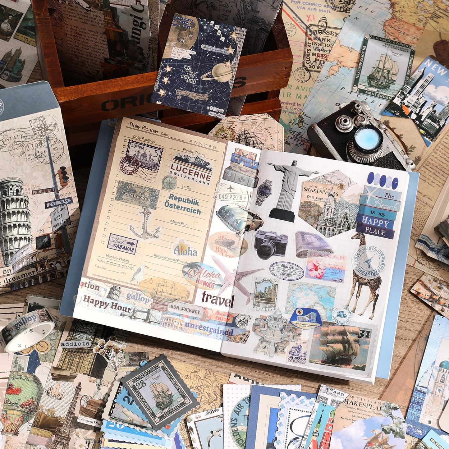 emmoolife Scrapbooking Supplies Kit, Daily Life World Travel Scrapbook Kit for Bullet Junk Journal, Stationery, A6 Grid Notebook, DIY Journaling Supplies, Birthday Craft Gift Teen Women