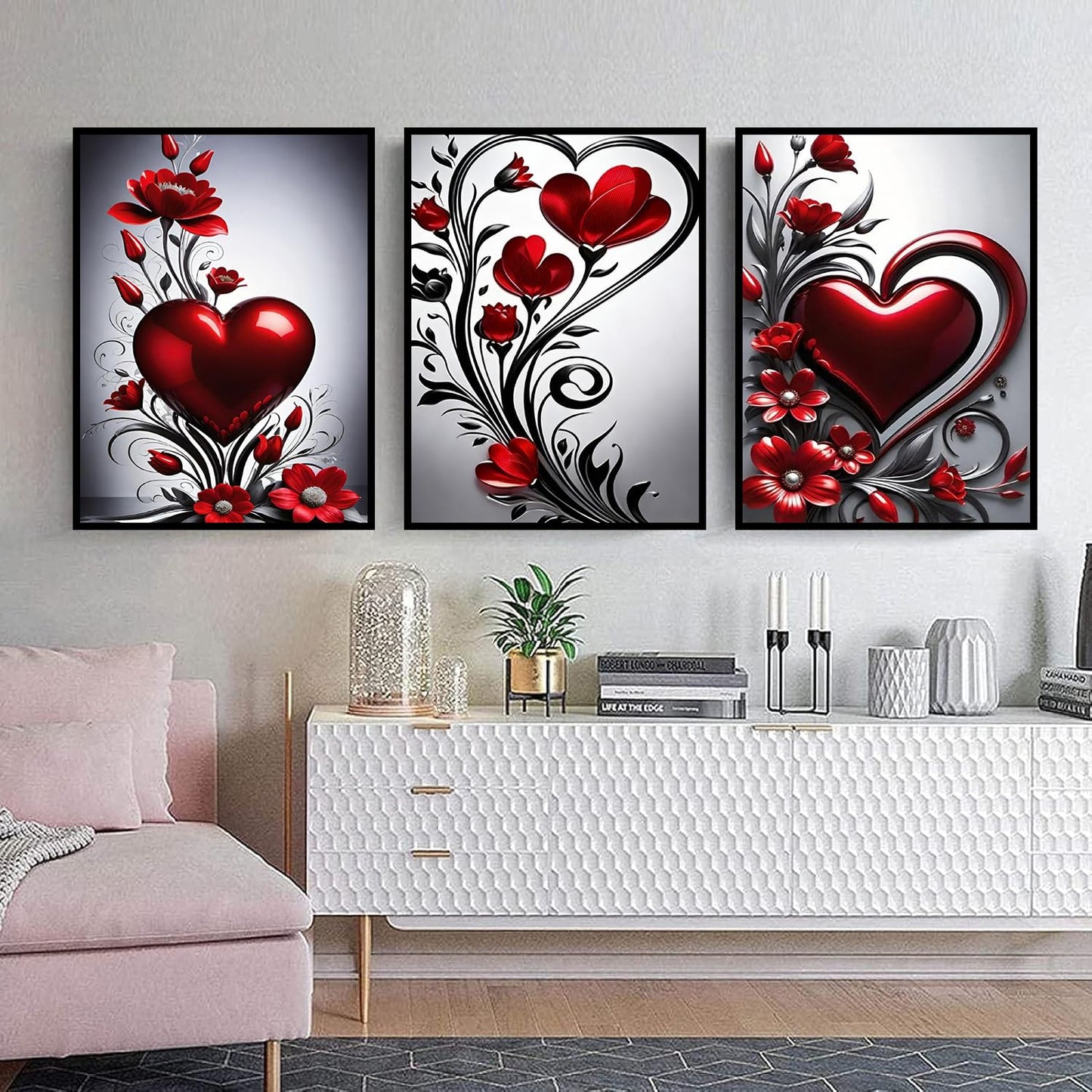mrpwnle 3 Pack Diamond Art Kits for Adults, Valentines Day Heart Flowers Diamond Painting Kits, 5D Diamonds Painting, DIY Full Drill Gem Art Crafts Kit Home Wall Decor Gifts 11.8x15.7 inch