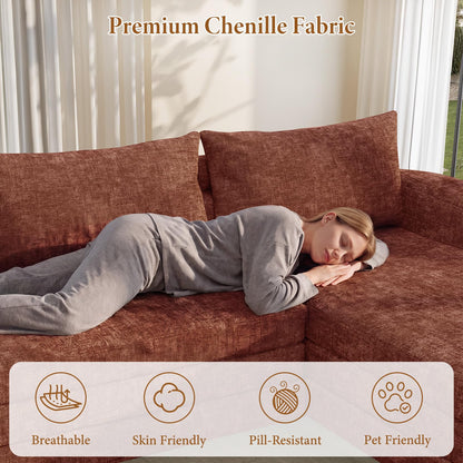 Vesgantti 110.2" Boneless Sectional Couch with Curved Armrest, 6 in 1 Convertible Folding Sleeper Sofa Bed, Chenille Modular Sofa for Living Room, No Assembly Required, Orange, Right Facing Chaise