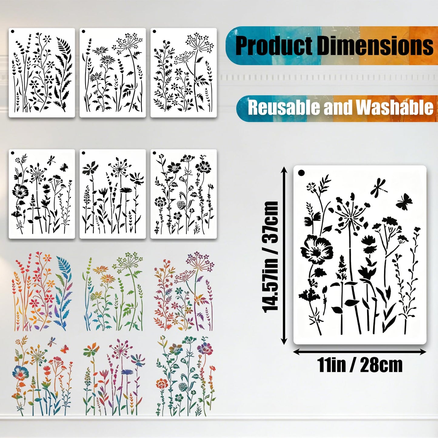 UpChoNice 6 PCS Stencils for Crafts Reusable, Large Wildflower Wall Stencil Set, Modular Floral Painting Templates for Walls, Wood, Furniture, Fabric, Easy-Clean Art Stencils for DIYers, Artists