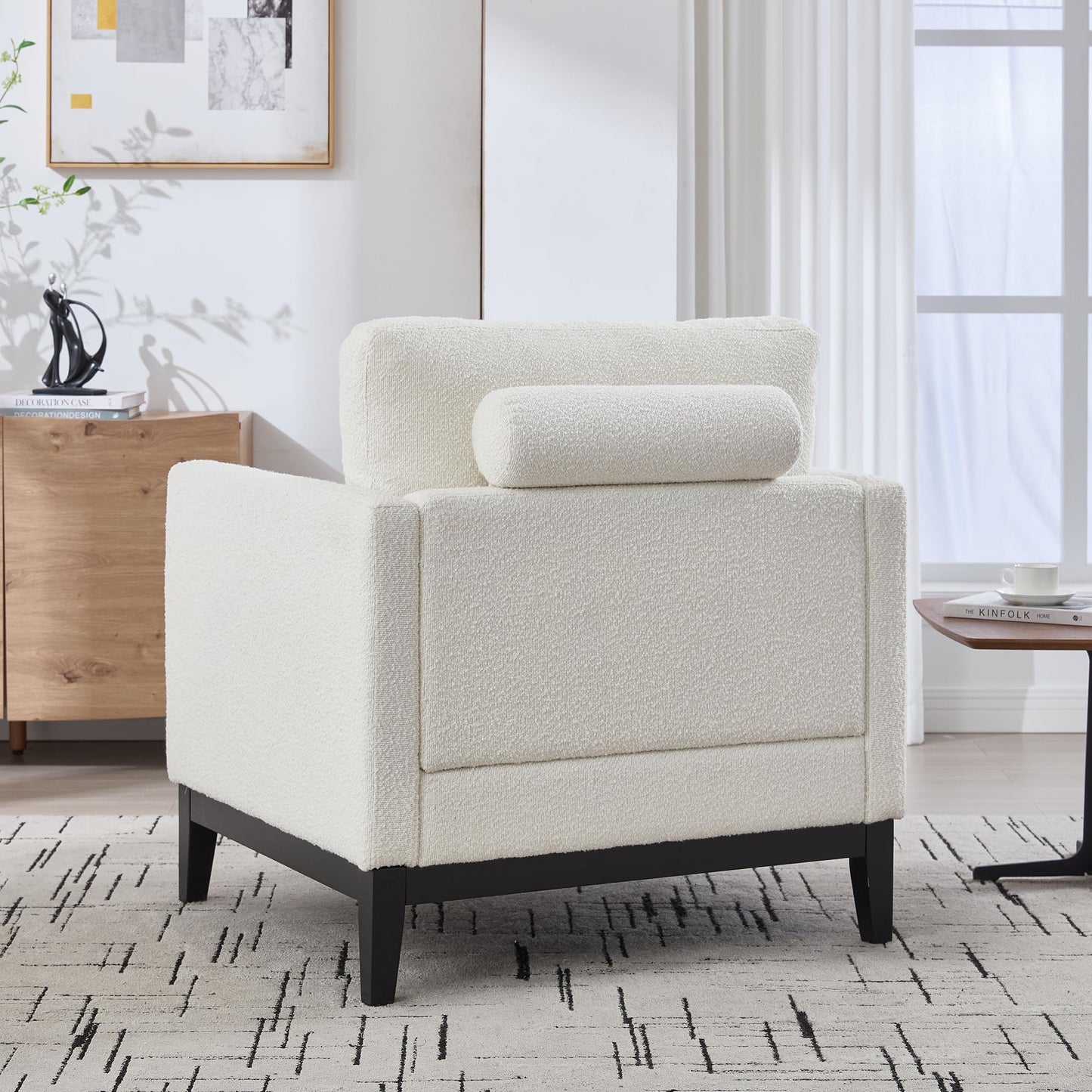 KEIKI 35.4" W Upholstered Accent Chair with 2 Pillows, Farmhouse Boucle Single Sofa with Wood Legs for Living Room & Office, Ivory and Black
