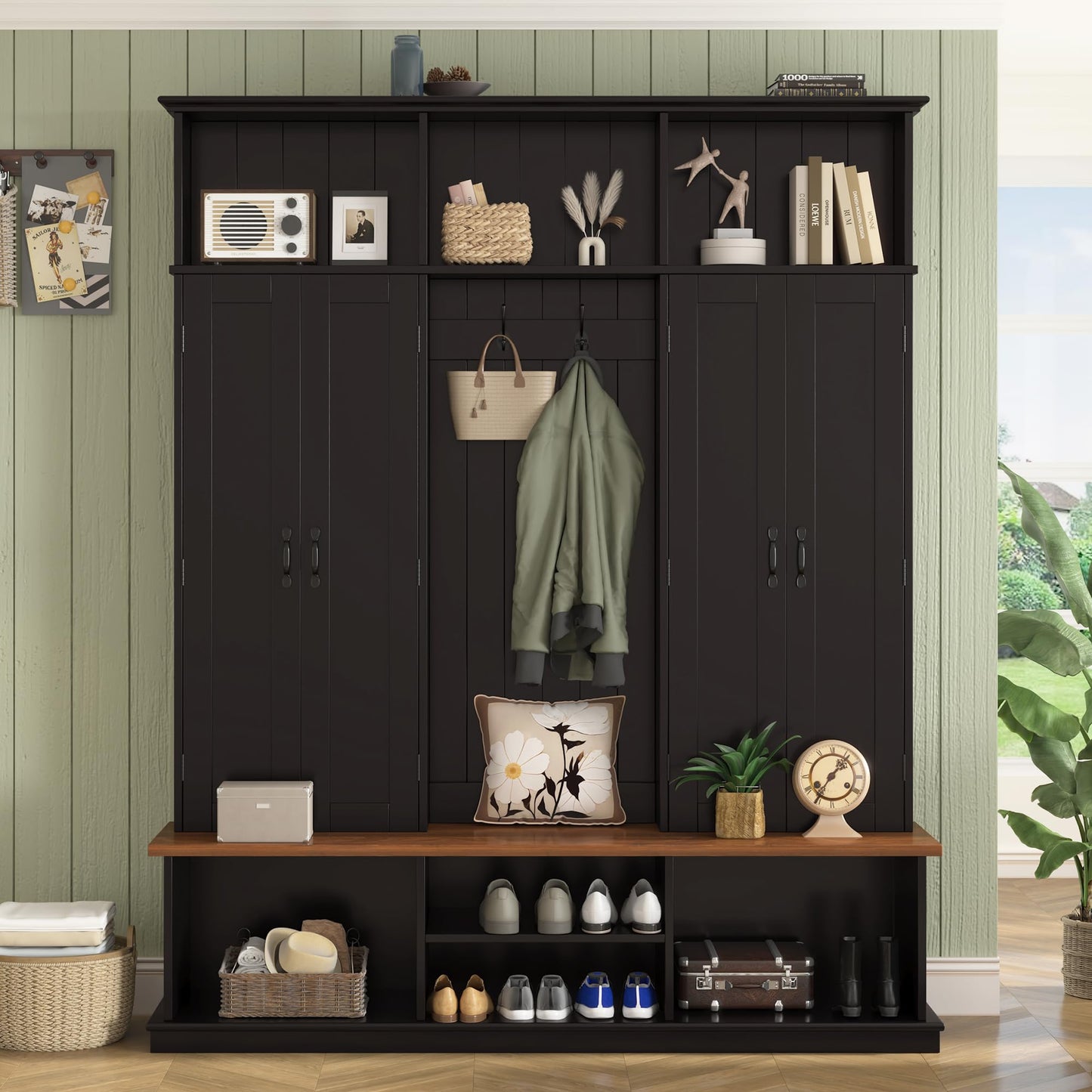 Merax 62.2''W Entryway Hall Tree with Bench, 3 Top Cubbies & Bottom Storage Space, Farmhouse Coat Rack with Hooks & Cabinets for Entryway, Hallway, Mudroom, Living Room