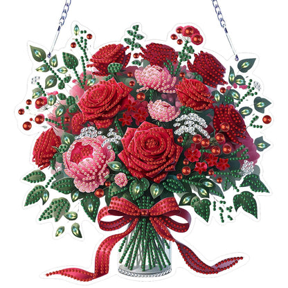 VODAPYC Mother's/Valentine's Day Rose Diamond Art Hanging Kits for Adults, DIY Acrylic Double Sided Special Shaped Diamonds Art Window Pendant Ornament(Red Rose Flower)
