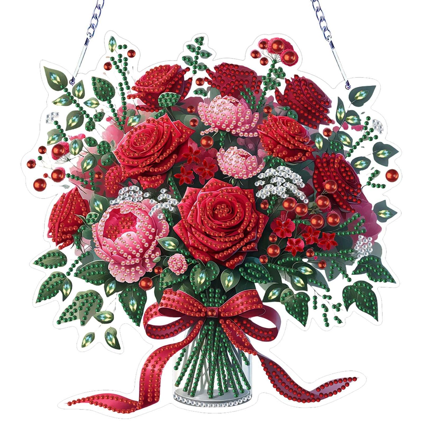 VODAPYC Mother's/Valentine's Day Rose Diamond Art Hanging Kits for Adults, DIY Acrylic Double Sided Special Shaped Diamonds Art Window Pendant Ornament(Red Rose Flower)