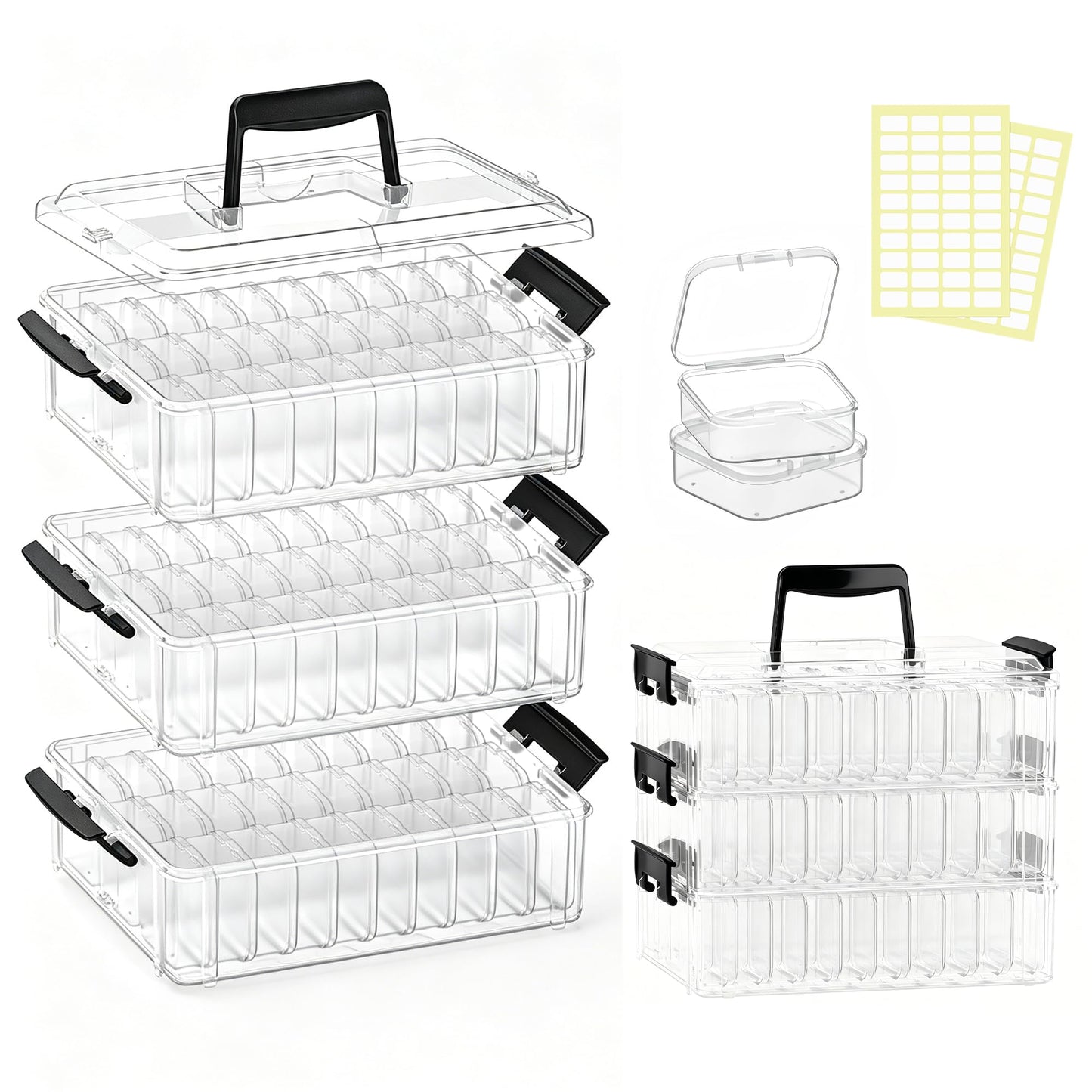VANSUNS 3-Tier Large Capacity Stackable Bead Organizer Box 90 Pcs, Portable Plastic Craft Storage Containers for Jewelry Making, Bracelets, DIY, Nail Art Charms