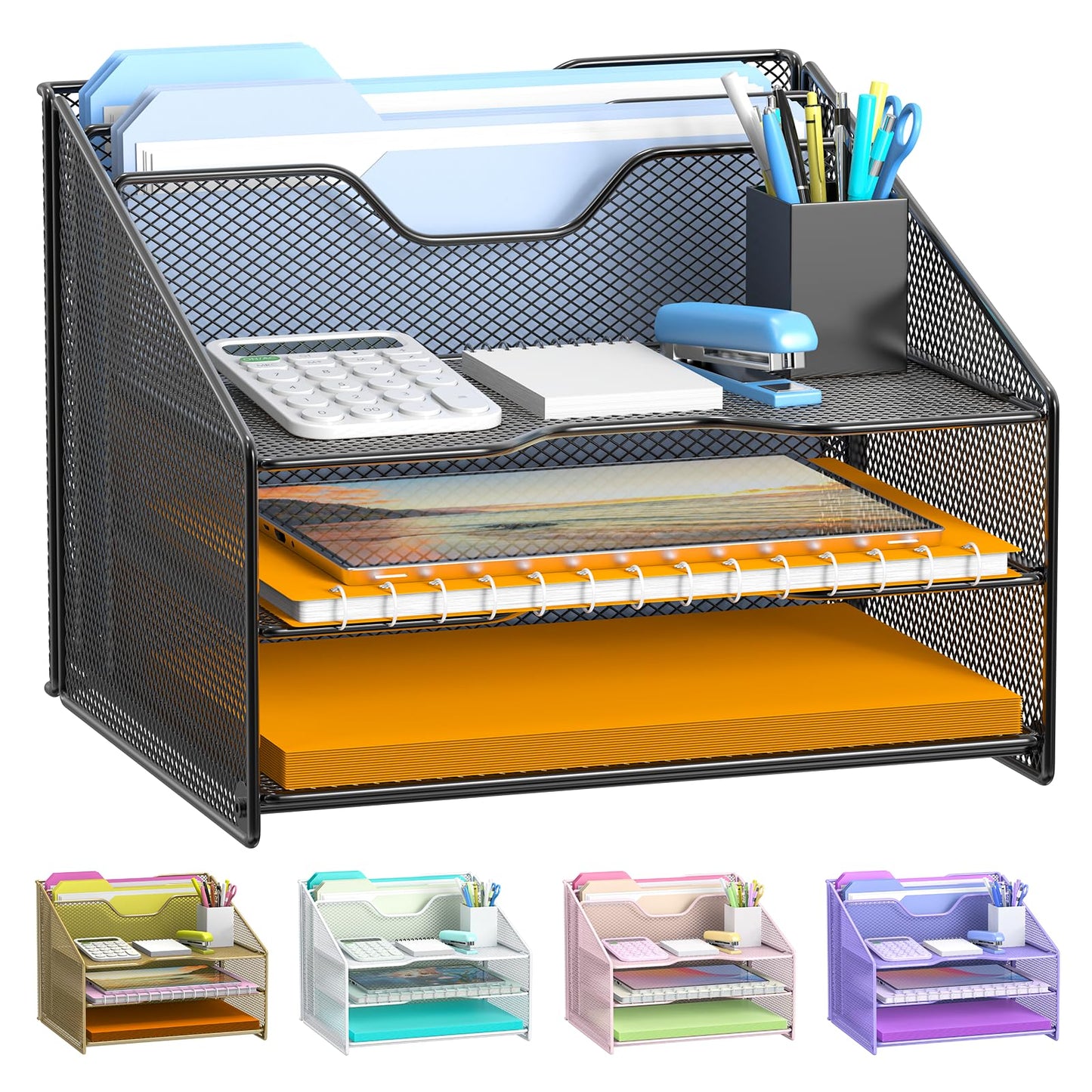 Samstar Desk File Organizer, Mesh Letter File Folder Holder with 3 Paper Trays and 2 Vertical Upright Section, for Office Supplies,Desk Accessories & Workspace,Black.