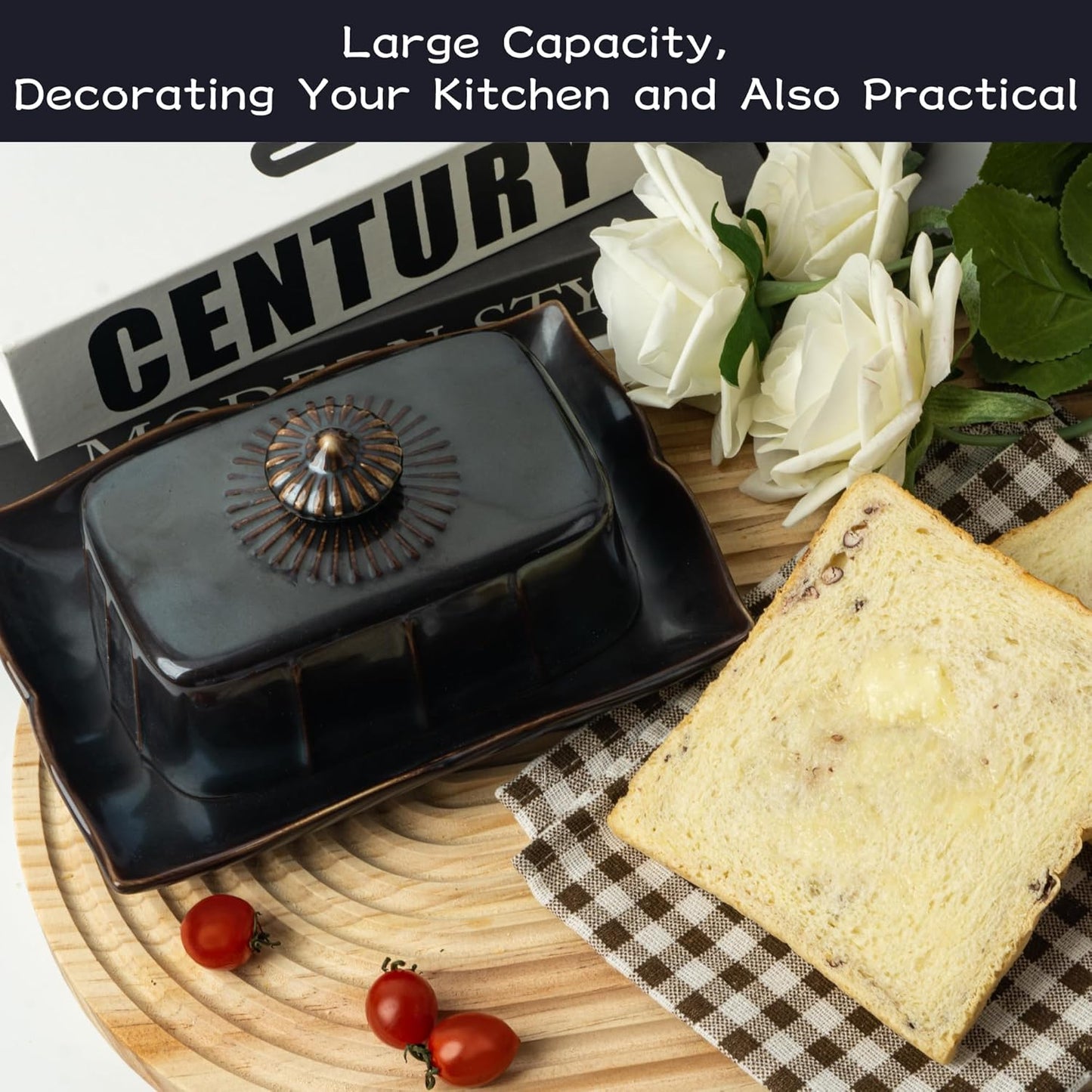 Countertop, 7.5 Inch Butter Dish with Lid for Large Ceramics Butter Dish Container, Butter Holder with Handle, Black