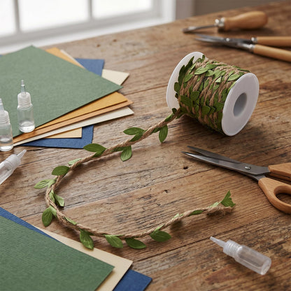 YUENPUN 328 Ft 5MM Burlap Leaf Ribbon, 10 Rolls 33 Ft Natural Jute Twine Rope, Jute Twine with Green Leaves Ply Braided Burlap Ribbon Artificial Leaves Vine Rope for Wedding, Party, Garden Decor
