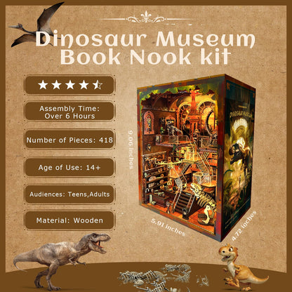 Book Nook Kit - DIY 3D Wooden Puzzle Miniature House with LED Lights - Creative Crafts for Adults - Bookshelf Insert Decor - Educational Gift for Family & Friends（Dinosaur Museum）