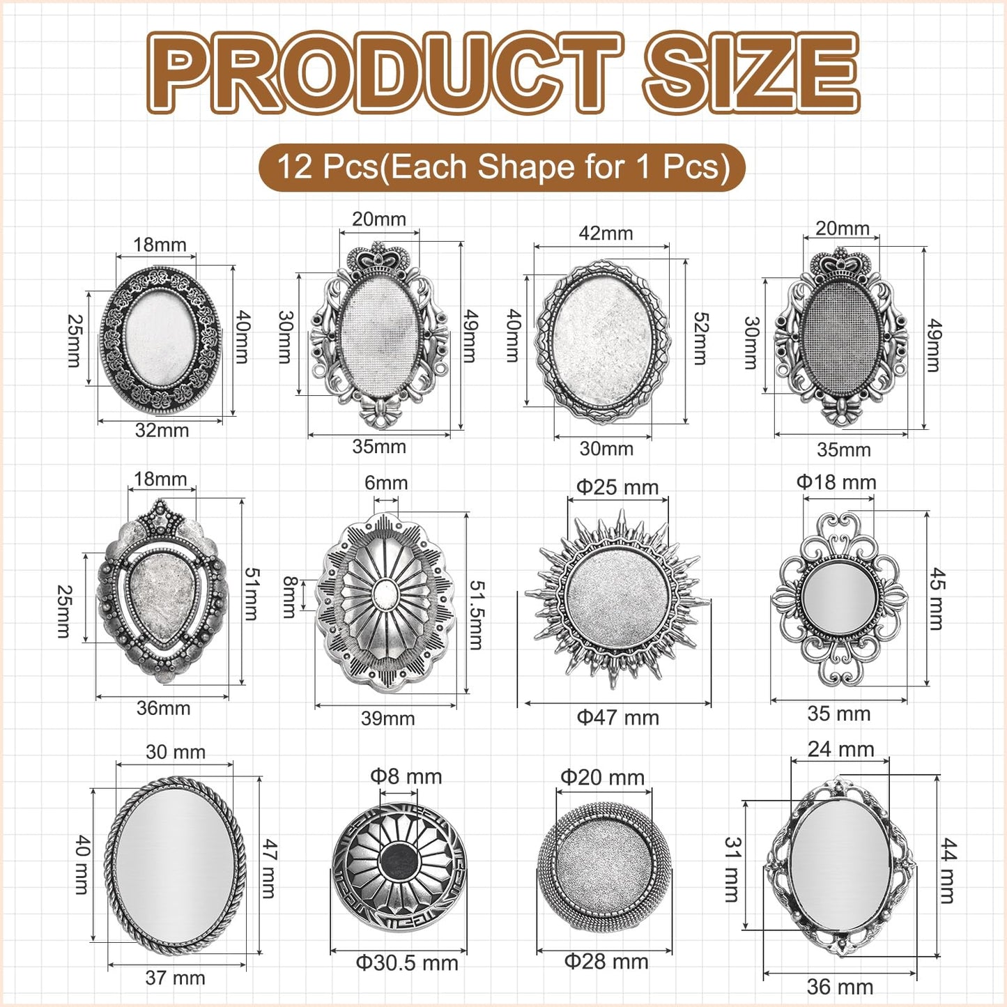 PATIKIL 9 Pcs Bolo Tie Buckle, 12 Styles Blank Bolo Tie Slides Clasp Accessories, Silver Tone Vintage Cabochon Settings Findings for Braided Leather DIY Craft Making, Style 3