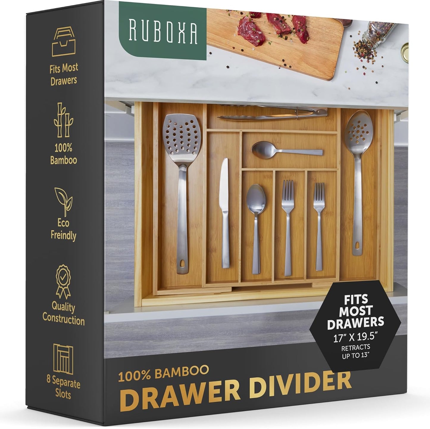 RUBOXA Expandable Bamboo Drawer Organizer, Modern Silverware Tray for Kitchen Utensils, Cutlery, Office Supplies,