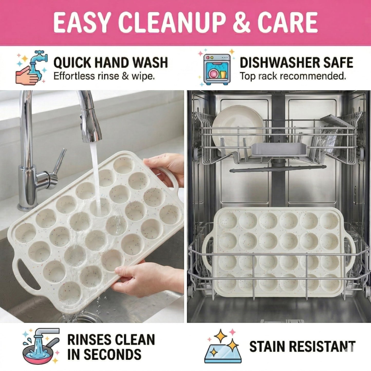 1-Pack - Silicone Mini Muffin Pan – 24-Cup, Nonstick Silicone Muffin Pans for Baking with Metal-Reinforced Handles, – BPA-Free Muffin Tin Tray for Mini Cupcakes & Snacks – Dishwasher Safe, Cream