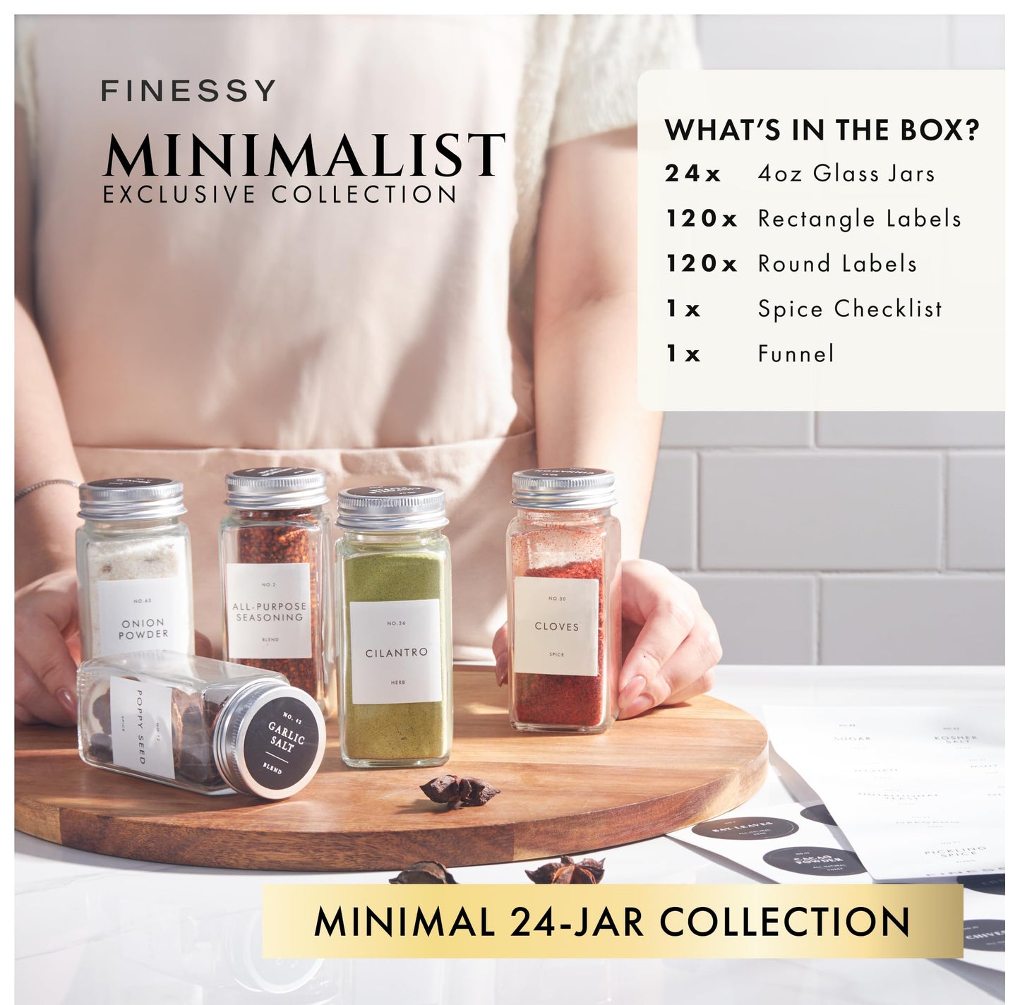 FINESSY Glass Spice Jars with Labels with Metal Lids and Shakers 24 Pack Set, 4oz Small Empty Air Tight Spice Containers with Labels, Clear Seasoning Containers Herb Bottles Kitchen Storage Organizer