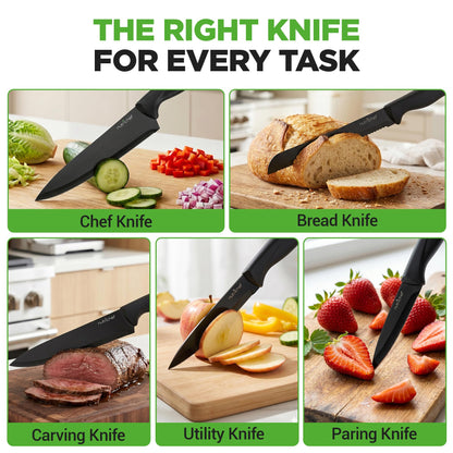 NutriChef 17-Piece Kitchen Knife Block Set - Stainless Steel Precision Crafted Knives w/Acrylic Block Stand - Includes 6 Steak & 7 Multi-Use Knives, Sharpener, Scissors, & Vegetable Peeler (Black)