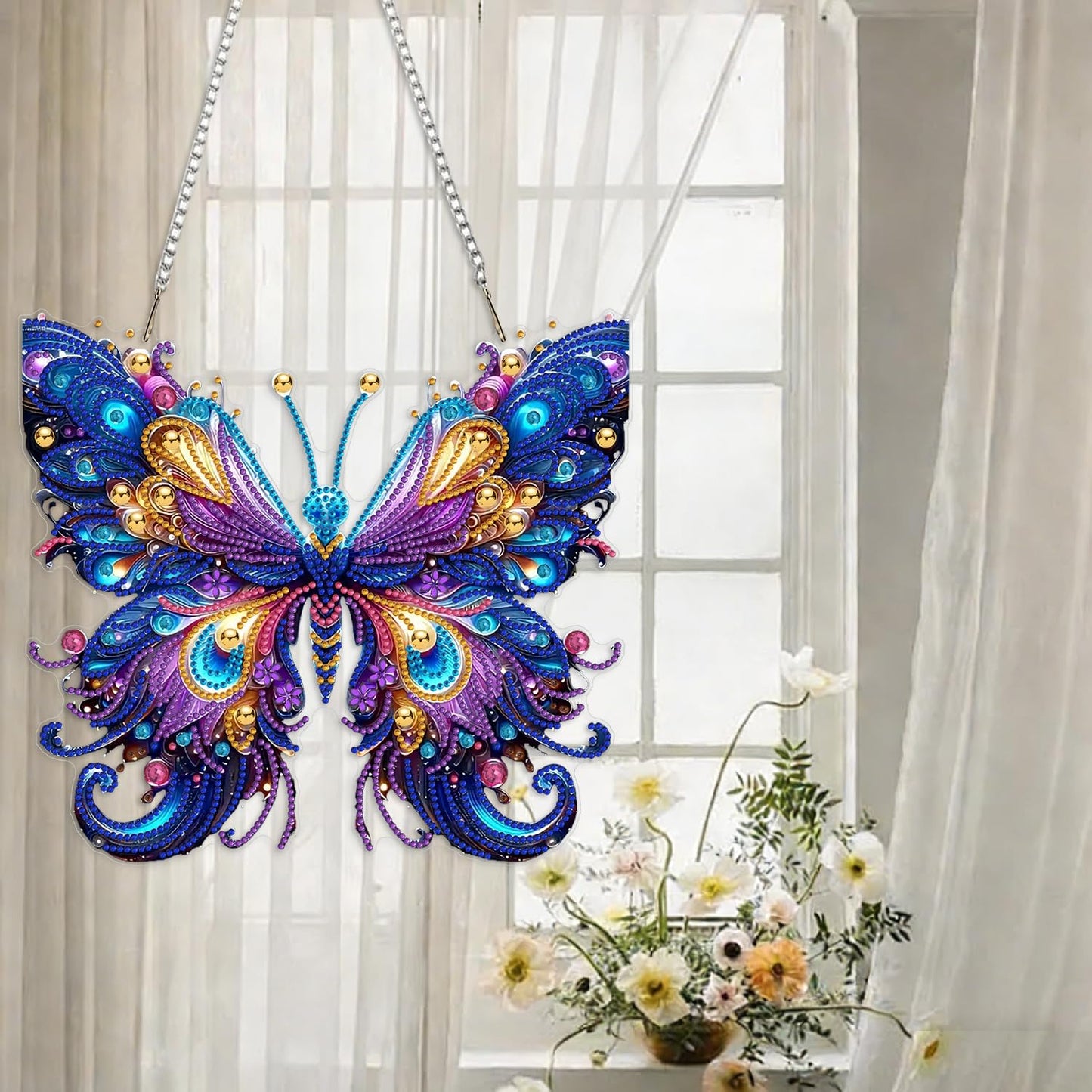 Butterfly Hanging Diamond Art Kits for Adults Pendant Butterfly, Special Shaped Crystal DIY Diamond Painting Kit, Acrylic Board Flower Pendants Double Sided, Home Decor