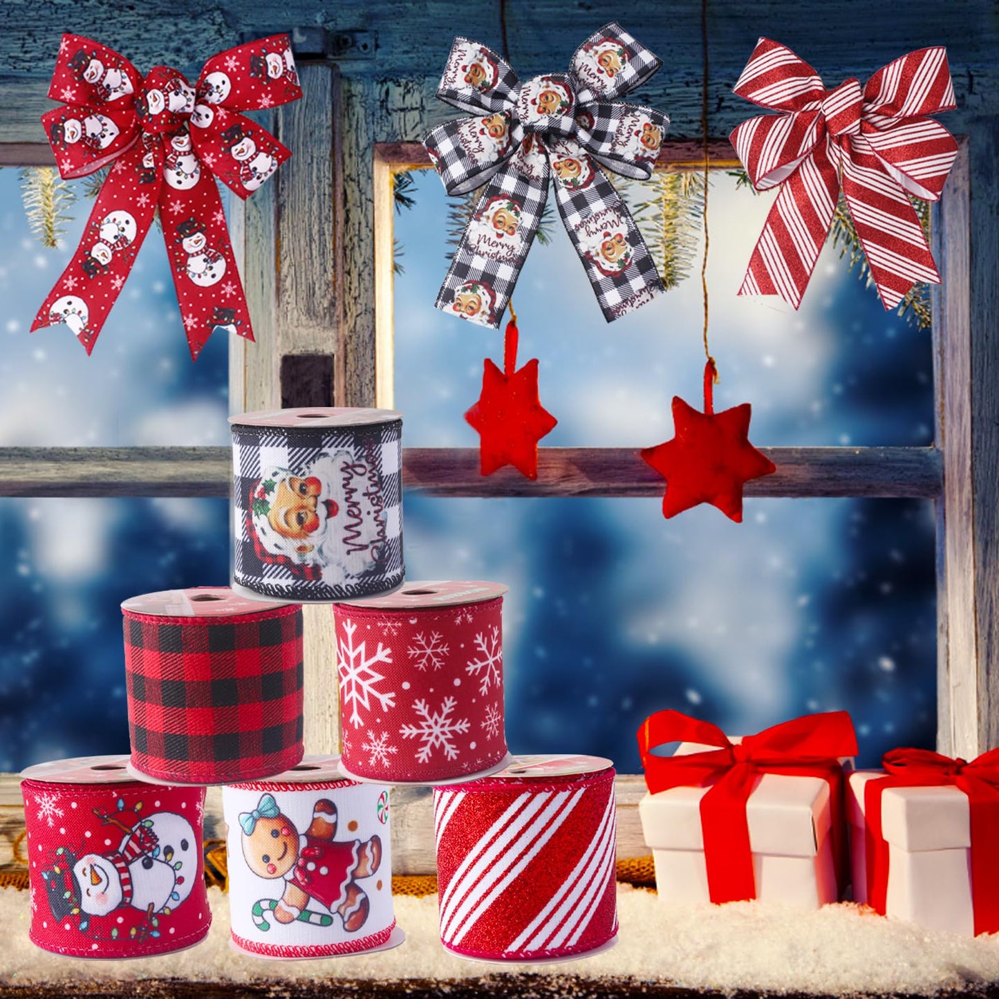 Rinoly Christmas Ribbon Wired 2.5 Inch, 6 Roll 30 Yards - Snowflake/Santa/Glitter Stripe/Buffalo Plaid Christmas Ribbon for Wreaths, Bows, Tree, DIY Crafts