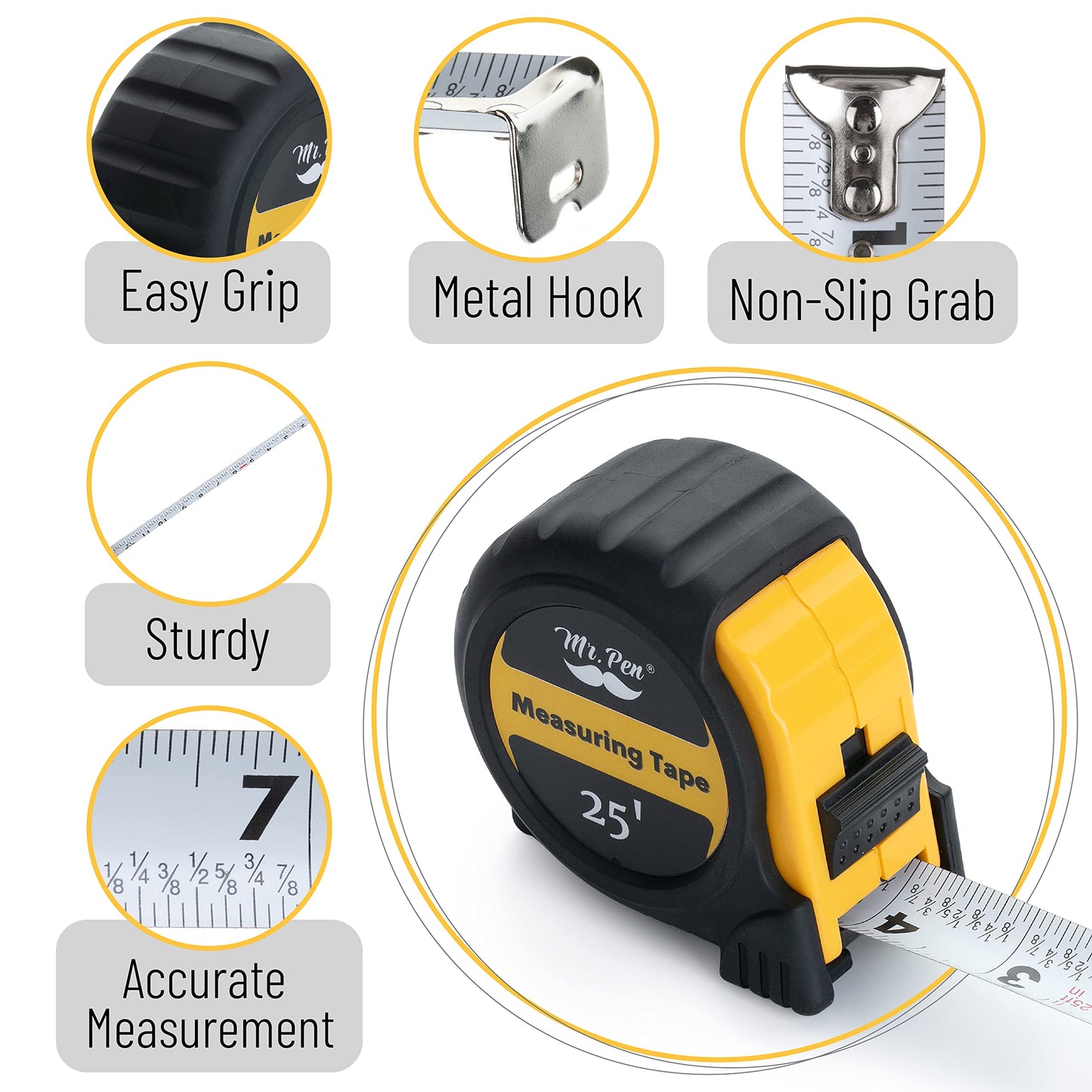 Mr. Pen 25-Foot Steel Retractable Tape Measure with Easy Read Fractions