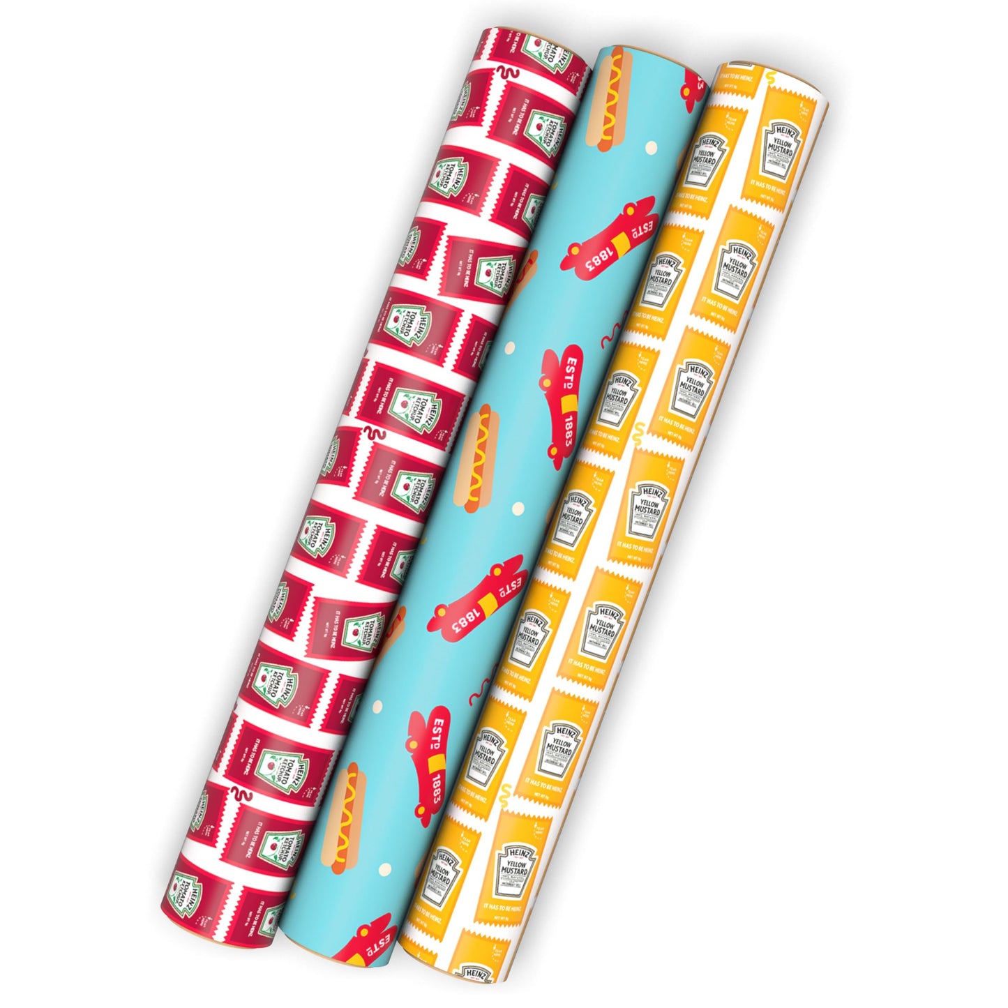 Hallmark Heinz Wrapping Paper Mini Rolls, 3-Pack (Ketchup, Mustard, Hotdogs, Wienermobile) for Birthdays, Graduations, Father's Day, Celebrations, Any Occasion - 45 Sq. Ft. Total
