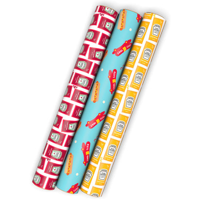 Hallmark Heinz Wrapping Paper Mini Rolls, 3-Pack (Ketchup, Mustard, Hotdogs, Wienermobile) for Birthdays, Graduations, Father's Day, Celebrations, Any Occasion - 45 Sq. Ft. Total