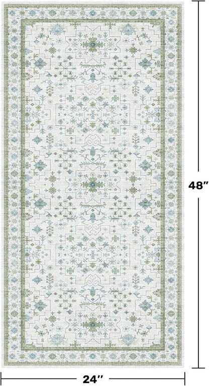 Oushak Boho Bathroom Rug - Cream Green & Blue Floral Design, Washable Non-Slip Low Pile, 2x4 ft