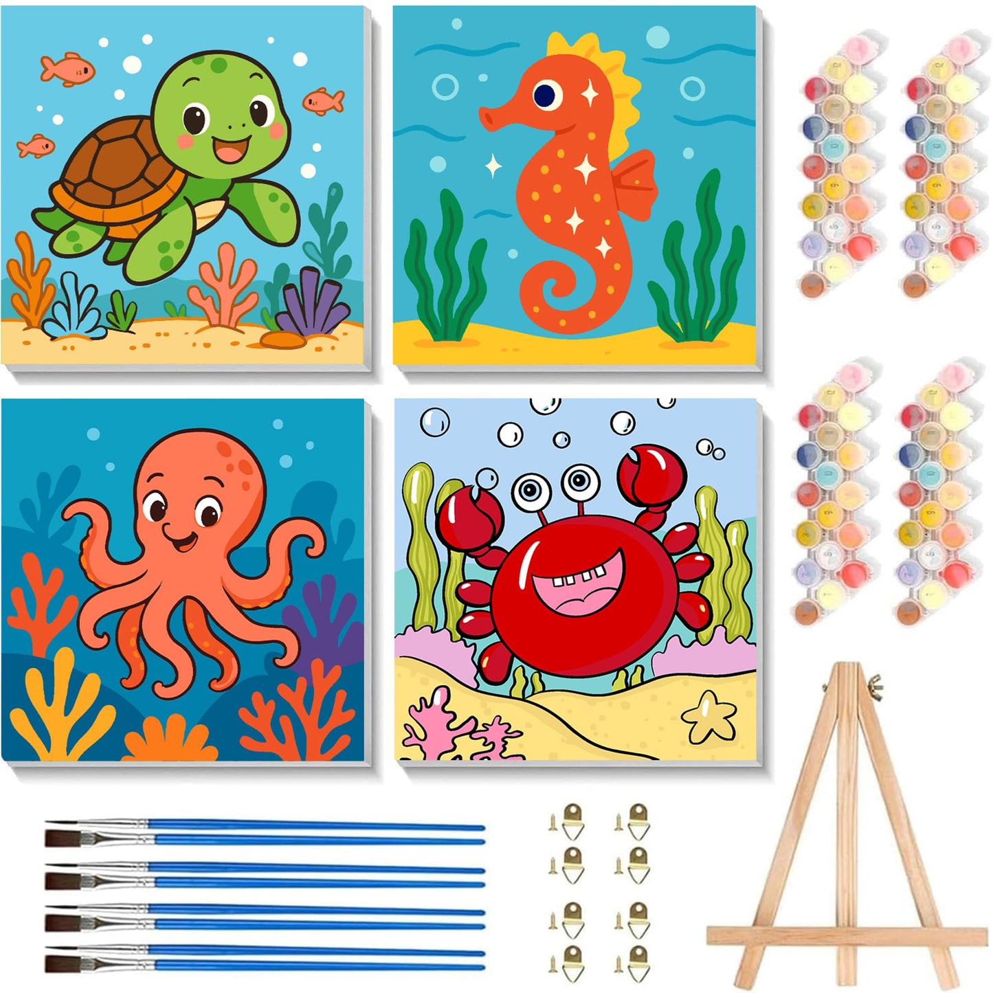 4 Pack Paint by Numbers Kit for Kids with Frame - Animals Paint by Number for Kids, Marine Animals Kid Painting by Number Kits Age 5-8, DIY Acrylic Oil Painting Kits for Home Wall Decor (8X8inch)
