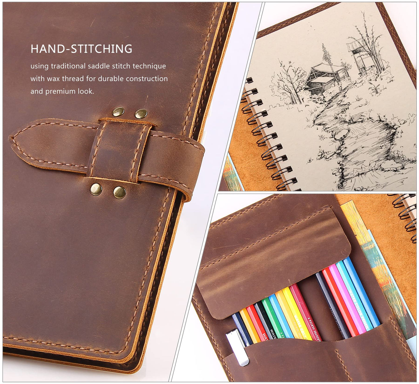 Robrasim Handmade Leather Sketchbook Cover, Leather Artist Sketch Pad Cover for 5.5" x 8.5" Sketchbook, Drawing Book and Pencil Case, Journal Notebook Portfolio, Artis Gifts-Brown