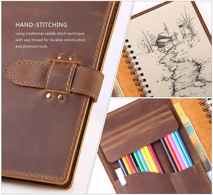 Robrasim Handmade Leather Sketchbook Cover, Leather Artist Sketch Pad Cover for 5.5" x 8.5" Sketchbook, Drawing Book and Pencil Case, Journal Notebook Portfolio, Artis Gifts-Brown
