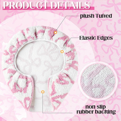 SmoothNovelty Toilet Lid Cover Washable Coquette Cute Plush Toilet Cover for Bathroom Decor Soft Microfiber 17.5 x 15 Inch Non Slip Rubber Backing Fits Most Round, Elongated(Rose Pink,Bow)