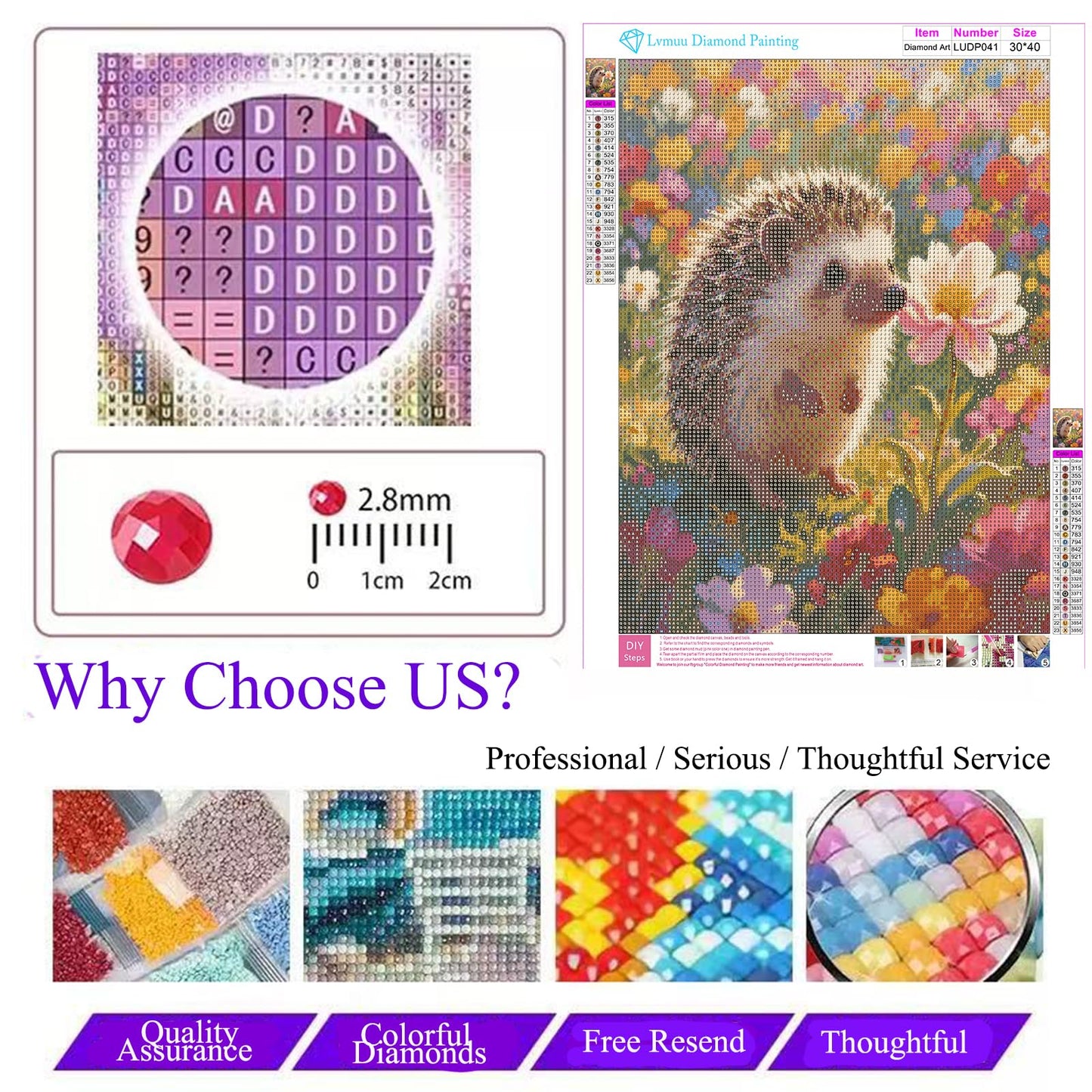 Lvmuu Hedgehog Diamond Art Kits for Adults, 5D Cute Animal Flowers Diamonds Painting Kits for Beginners, Fantastic DIY Full Round Drill Beads Gem Art Paint By Numbers Crafts Home Wall Decor 30x40cm