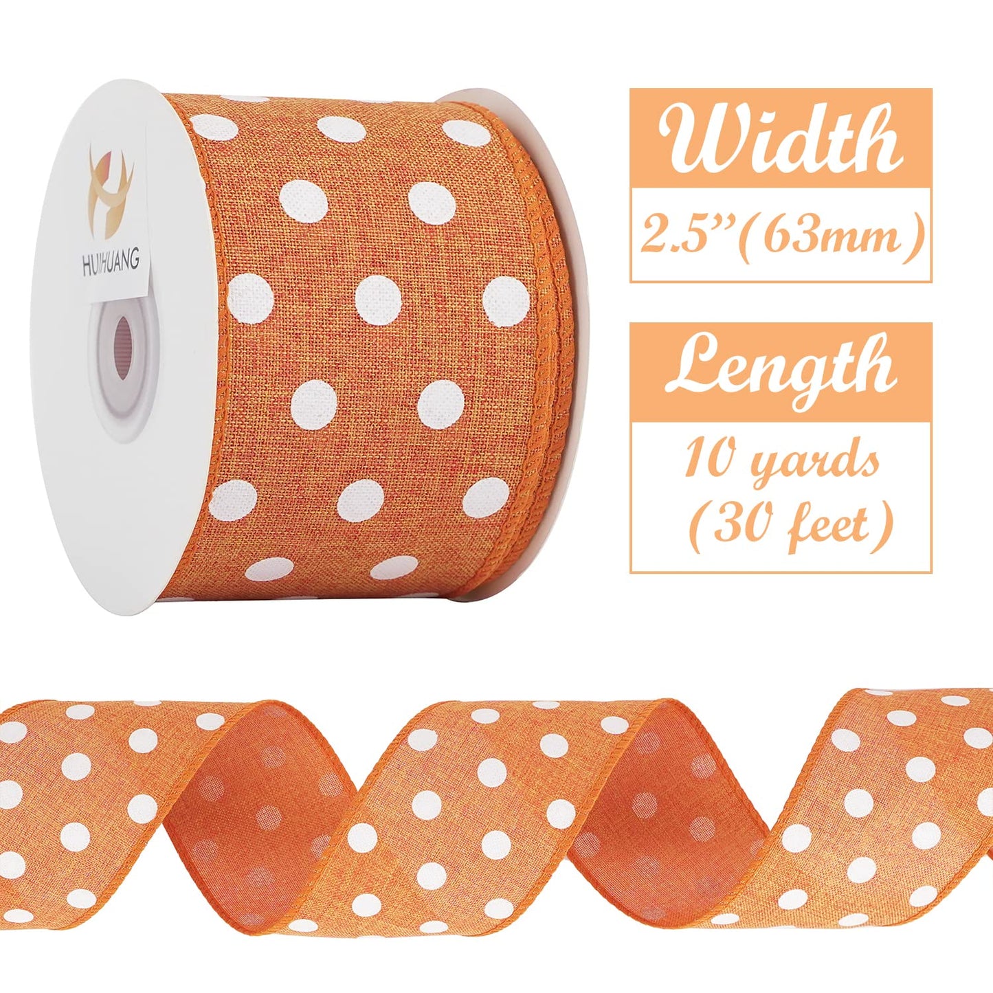 HUIHUANG Orange Polka Dot Wired Ribbon, 2.5 Inch X 10 Yards - Orange and White Dot With Wire Edge for Crafts, Fall Wreath Supplies, Gift Wrapping, Basket Bows, and Decor