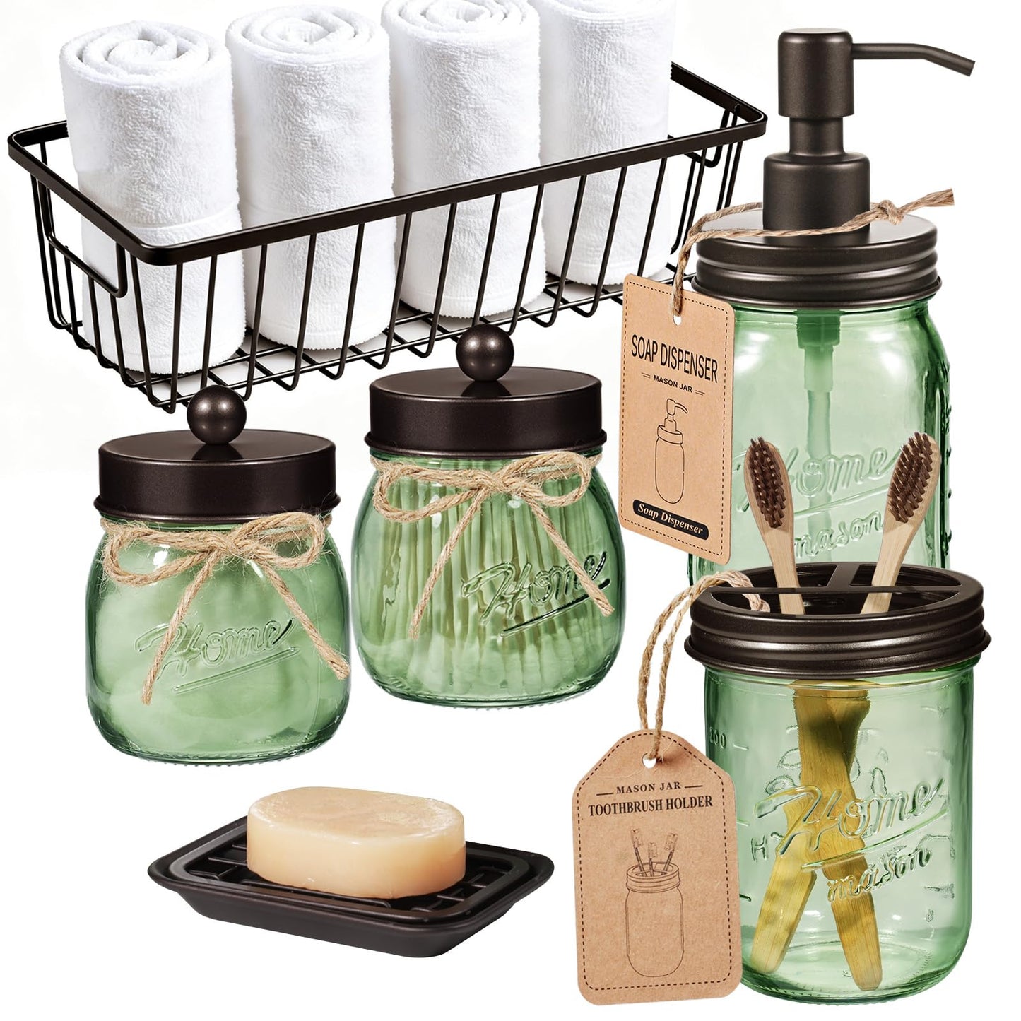SheeChung Green Bathroom Accessories Set, 6Pcs Mason Jar Glass Bathroom Set, Lotion Soap Dispenser, Toothbrush Holder, Qtip Holder, Soap Dish, Metal Wire Basket, Rustic Farmhouse Bathroom Decor-Bronze