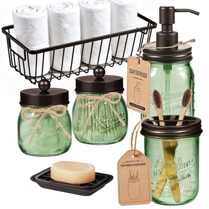 SheeChung Green Bathroom Accessories Set, 6Pcs Mason Jar Glass Bathroom Set, Lotion Soap Dispenser, Toothbrush Holder, Qtip Holder, Soap Dish, Metal Wire Basket, Rustic Farmhouse Bathroom Decor-Bronze