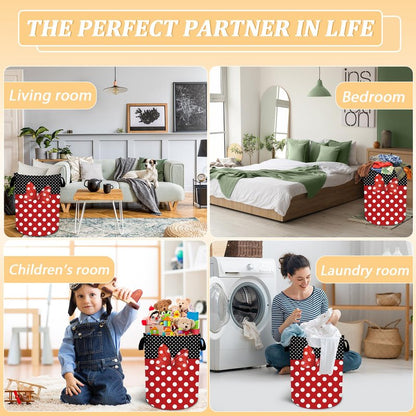 Black Red Polka Dot Laundry Basket, Cute Bow Tie Laundry Hamper Foldable Waterproof Funny Tote Bag Dirty Clothes Storage Bucket Toy Organizer for Bathroom/Laundry/Bedroom 15.7"x19.6"