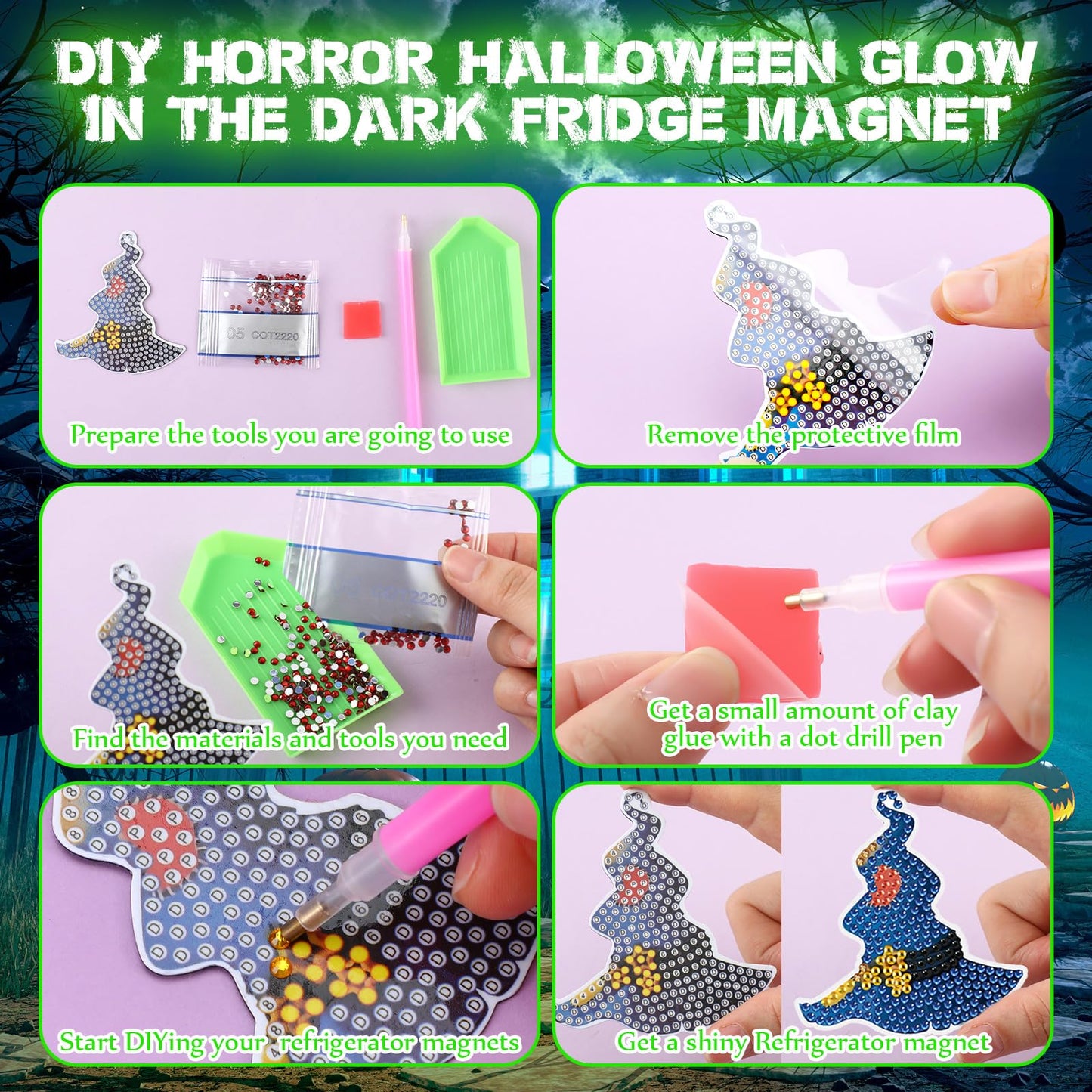 Motipuns 30 Pcs Halloween Diamond Painting Magnets Kits Glow in The Dark Witch Hat Diamond Art Fridge Magnet Refrigerator Sticker for Beginners Kid Adults Home Decors DIY Art Craft Gifts