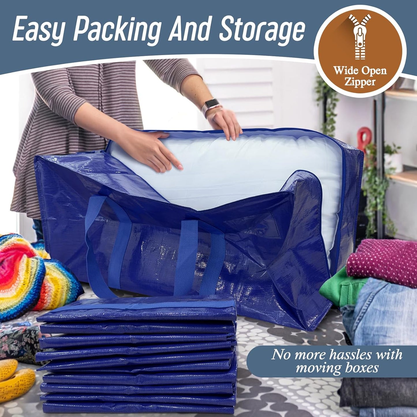 Skiennix Extra Heavy Duty Moving Bags - Large Sturdy Storage Totes with Strong Zipper & Comfortable Handles | 6 Pack, Blue