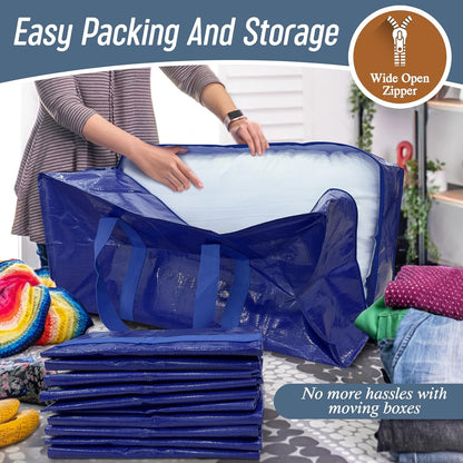 Skiennix Extra Heavy Duty Moving Bags - Large Sturdy Storage Totes with Strong Zipper & Comfortable Handles | 6 Pack, Blue