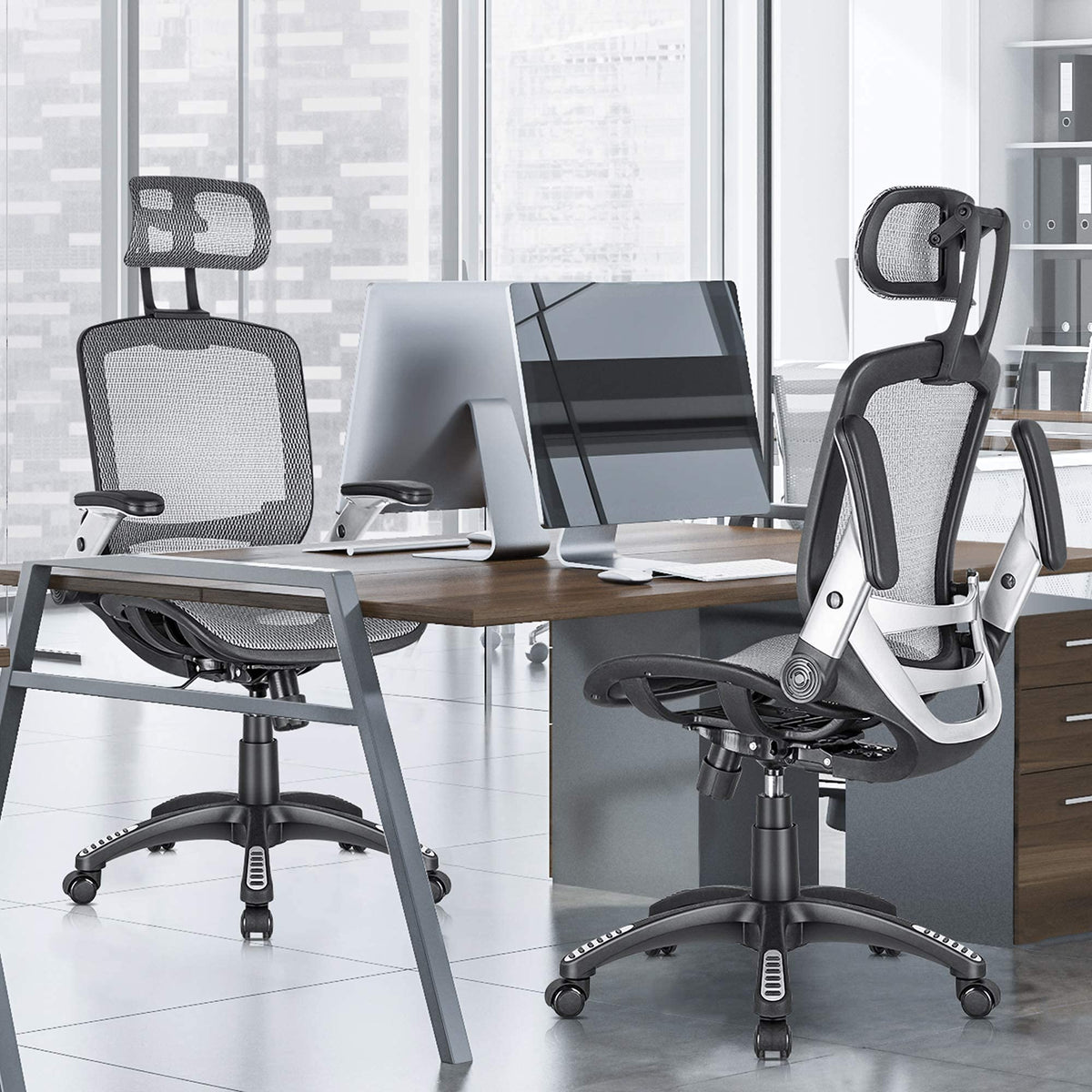 GABRYLLY Ergonomic Office Chair, High Back Home Desk Chair with Headrest, Flip-Up Arms, 90-120° Tilt Lock and Wide Cushion, Big and Tall Mesh Chairs for Man Woman, Grey Task Chair