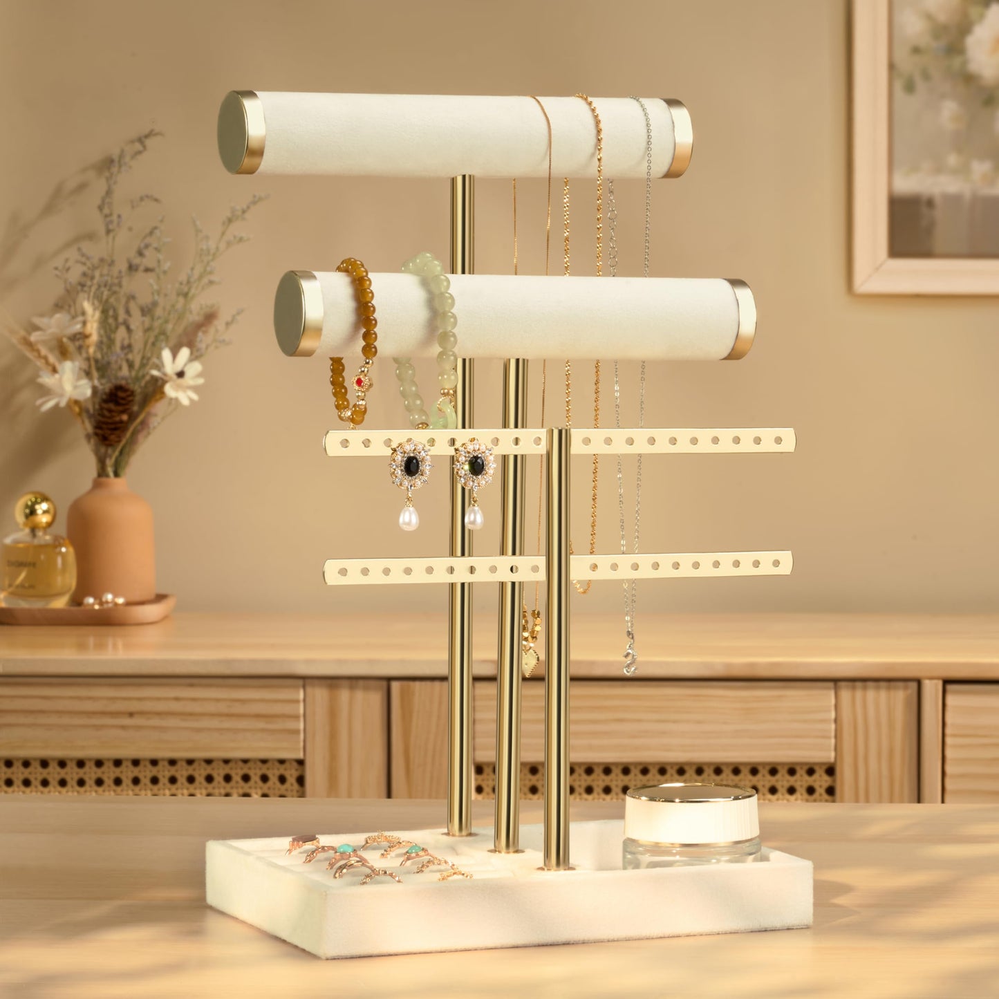bussdis 3 Tier Bracelet Holder Display - Detachable T Bar Beige Velvet Bracelet Holder, Jewelry Holder Organizer for Bracelet, Necklace, Earrings, Rings