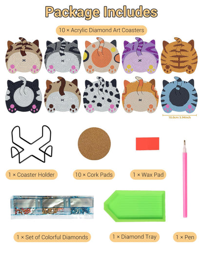 BOCACUE Cute Cat Diamond Art Coasters Kit for Adults, 10 PCS Diamond Painting Coasters with Holder, Cute Gem Painting Coasters for Desk, DIY Diamond Art Crafts, Cat Lover Gifts for Women
