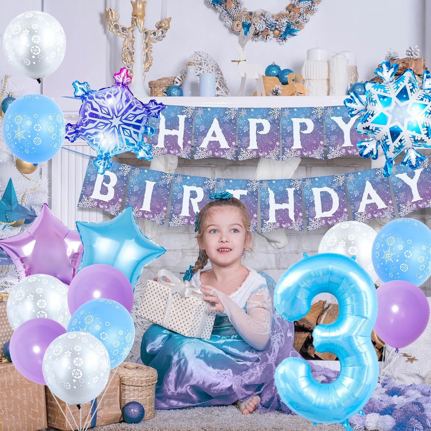 Frozen Birthday Party Decorations, with 40 Inch Blue Number 3 Balloon, Frozen Birthday Banner and Foil Snowflake Balloons for 3rd Party Decor Supplies