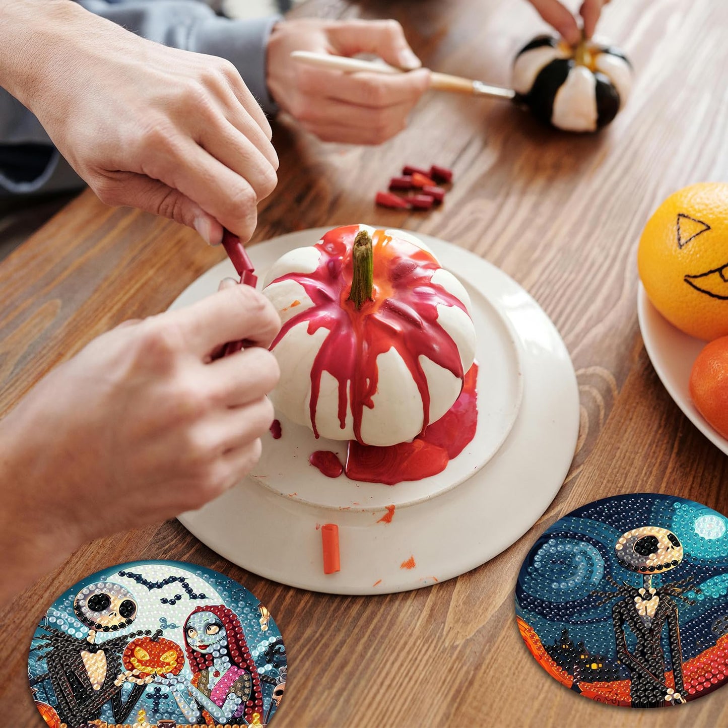 8 Pcs Halloween Diamond Painting Coasters Kits for Adults Beginners, DIY Horror Skull Diamond Art Coasters with Holder, Full Drill Rhinestone Painting Coaster Kits for Supplies Gifts 4X4 Inch.
