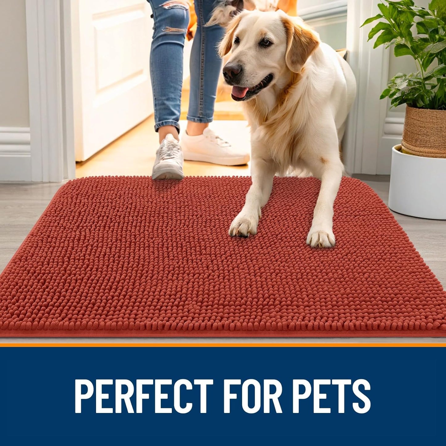OLANLY Dog Door Mat - Absorbent Non-Slip Chenille Mat for Muddy Paws | 50x30, Quick Dry, Maple Red