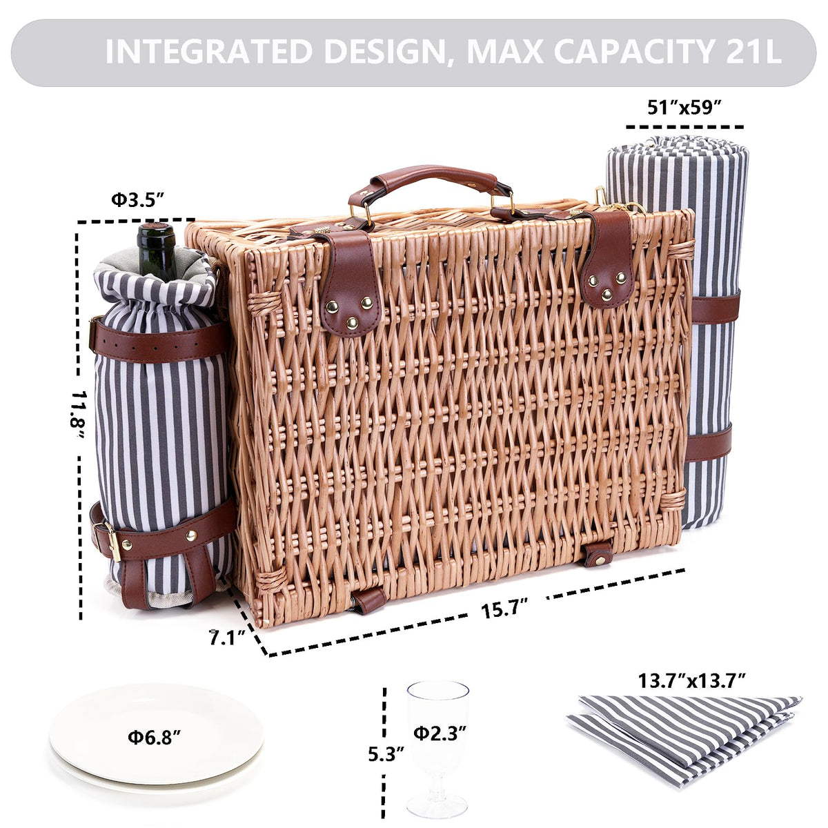 Picnic Basket with Blanket and Wine Pouch for 2 Wicker Picnic Set with Insulated Liner Cooler Bag Hamper for Camping,Wedding - Stripes
