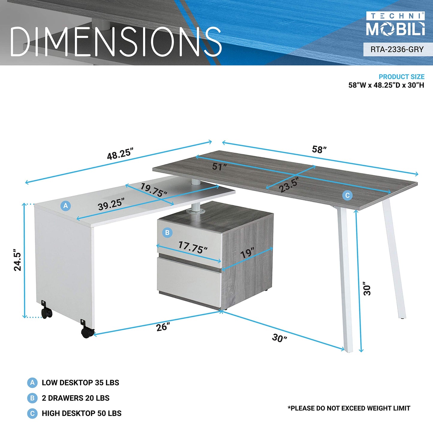 Adjustable L-Shaped Computer Desk with Rolling Tabletop for Multiple Configurations, Two-Drawer Cabinet, and Sturdy Steel Legs – Space-Saving, Ergonomic Design for Home Office or Workspace, Grey